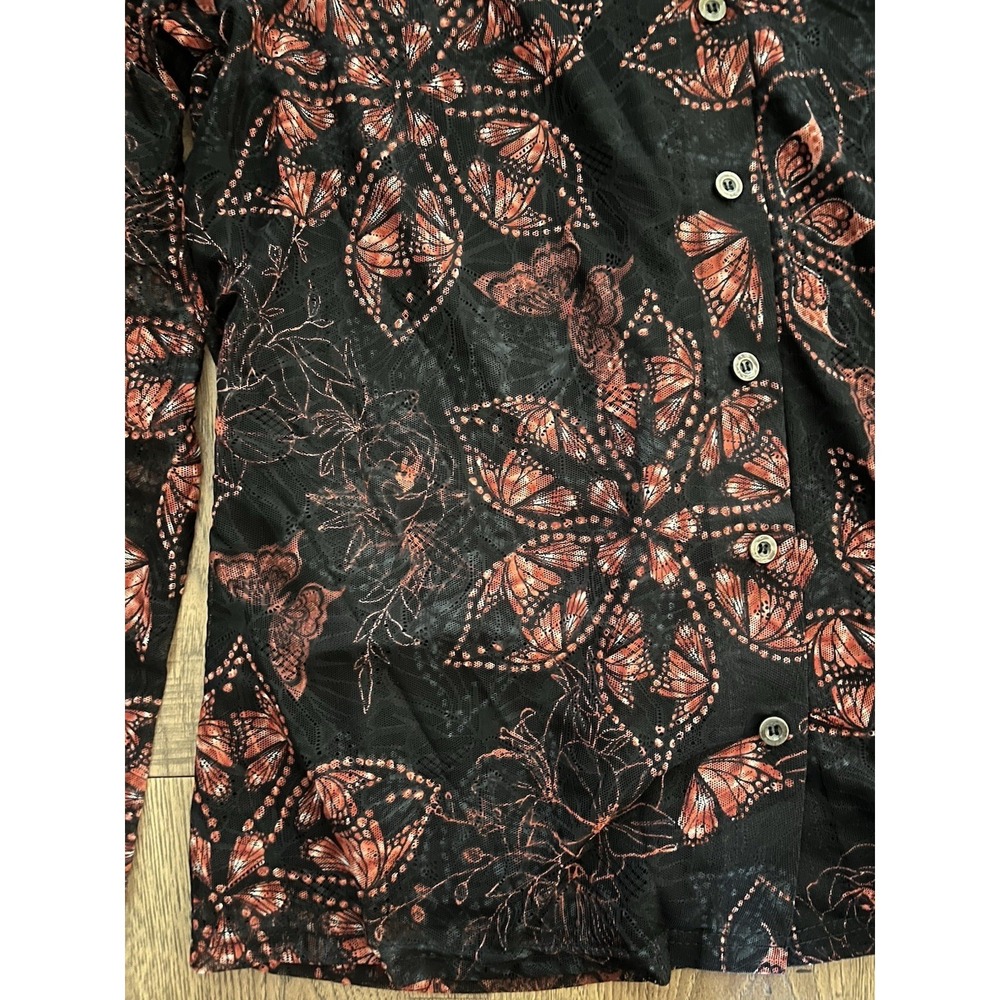 Jane & Delancey Shirt Top Mesh Black Delicate Button Up Floral Butterfly Medium - Picture 5 of 9
